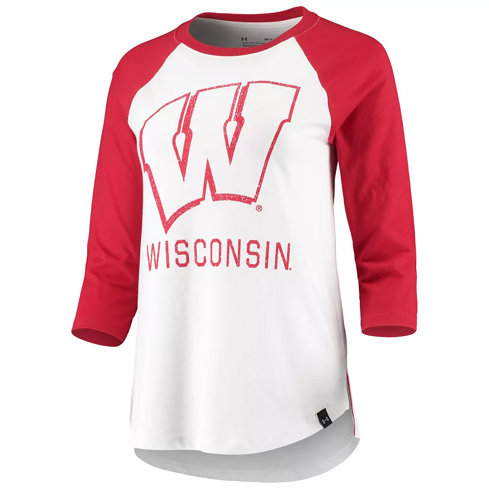 Women's Under Armour White/Red Wisconsin Badgers Performance Cotton 3/4-Sleeve Raglan T-Shirt - Image 3