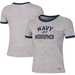 Women's Under Armour Heathered Gray Navy Midshipmen Siro Slub Tri-Blend Ringer T-Shirt